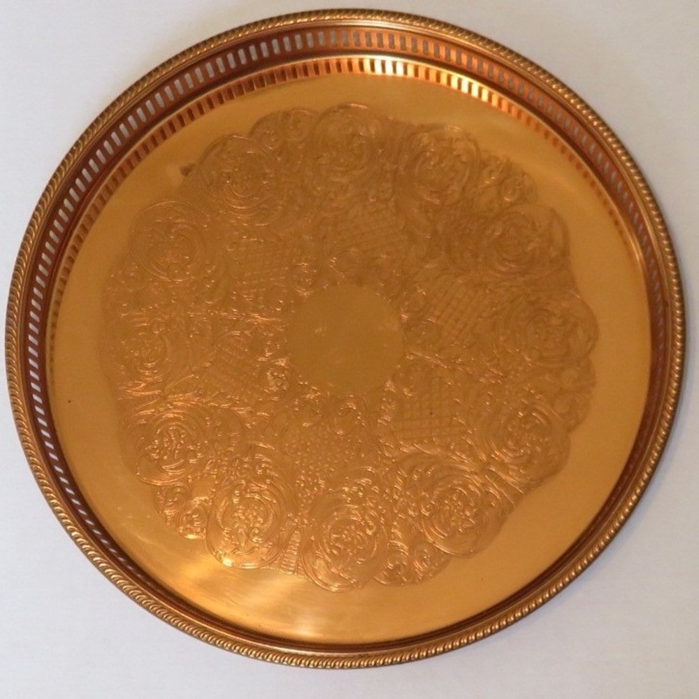 Vintage Taunton Coppercraft Guild Large Round Gallery Tray Embossed Floral 15"